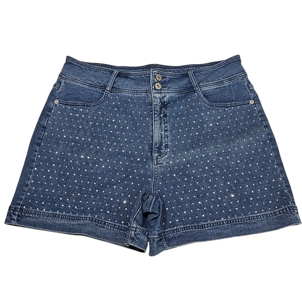 INC International Concepts High Rise Rhinestone Embellished Denim Shorts Blue 16